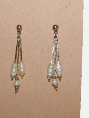 Vintage Rice Pearl Dangle Earrings 3-Strand Gold Tone Waterfall Drop Pierced